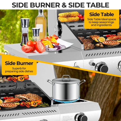 LHRIVER Stainless Steel BBQ Grill, 3 Burner Propane Gas Grill with Side Burner for Outdoor Cooking Patio Backyard