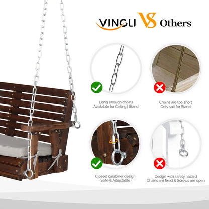 VINGLI Rustic Patio Swing, 5 FT, Adults, Wooden Frame, Porch Swing with Cushions, Chains, Rustic