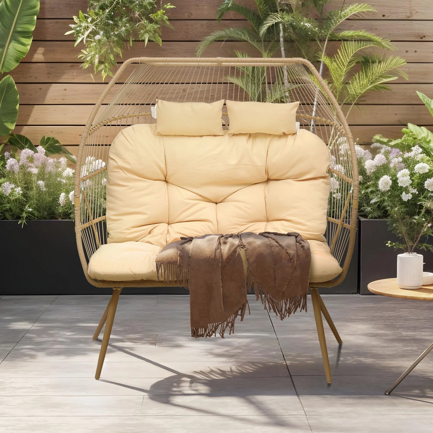 Uforic Beige Dual Egg Seat with Base, 2-Person Wicker Egg Chair for Indoor/Outdoor Patio Use with Cushions, Supports up to 510lbs, Perfect for Patio, Bedroom, Garden, and Balcony