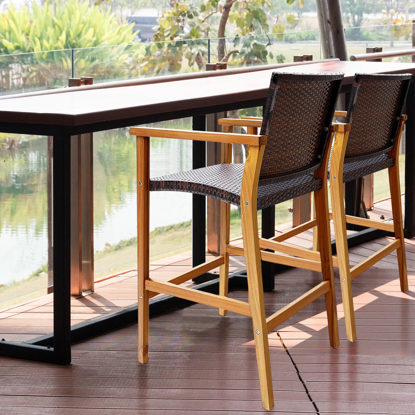 Costway 4PCS Patio PE Wicker Bar Chairs Height Barstools with Acacia Wood Armrests Balcony