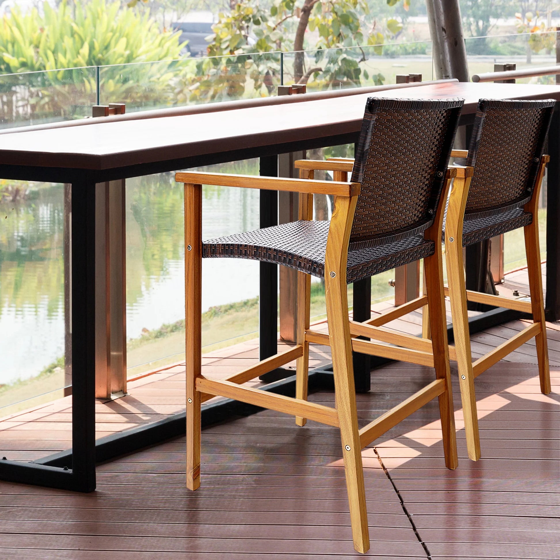 Costway 4PCS Patio PE Wicker Bar Chairs Height Barstools with Acacia Wood Armrests Balcony