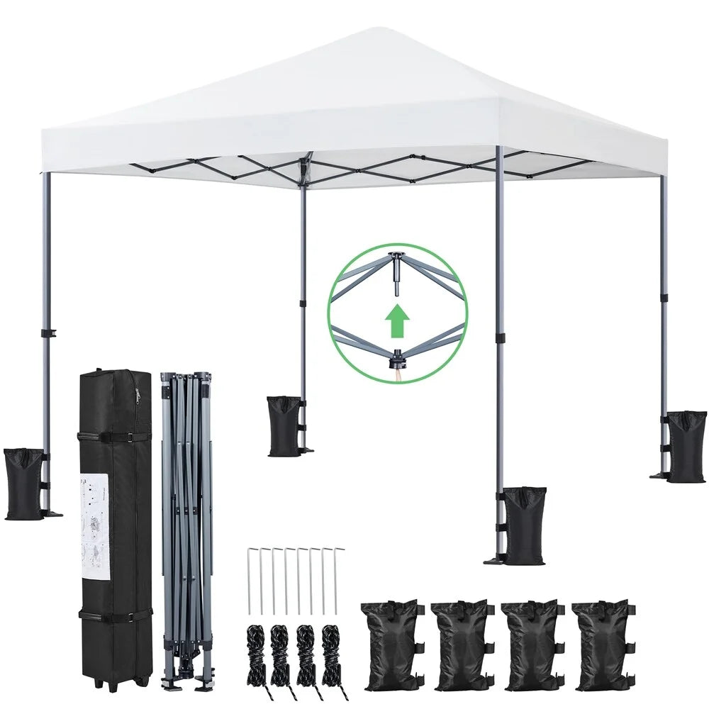 CHLET Pop-up Canopy Tent Integrated Wheels for Mobility, Waterpoof & Heavy Duty, Instant Sun Shelter with Carry Bag, Weight Bags for Outdoor Camping Beach Patio Parties,8x8,White