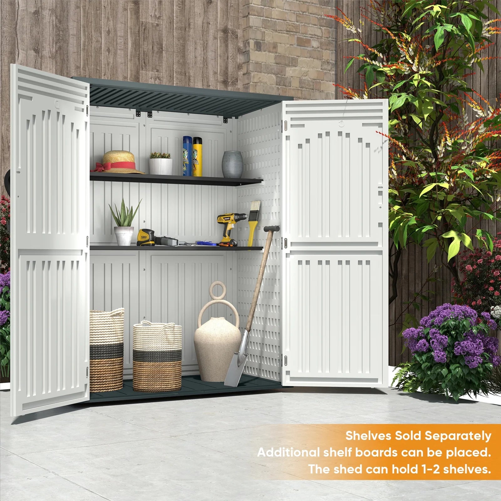 ZYJOYY 60 Cu.Ft Large Outdoor Shed with Floor, Lockable & Waterproof Patio Storage Cabinet for Garden Tools, Pool Supplies & Lawn Equipment, Grey