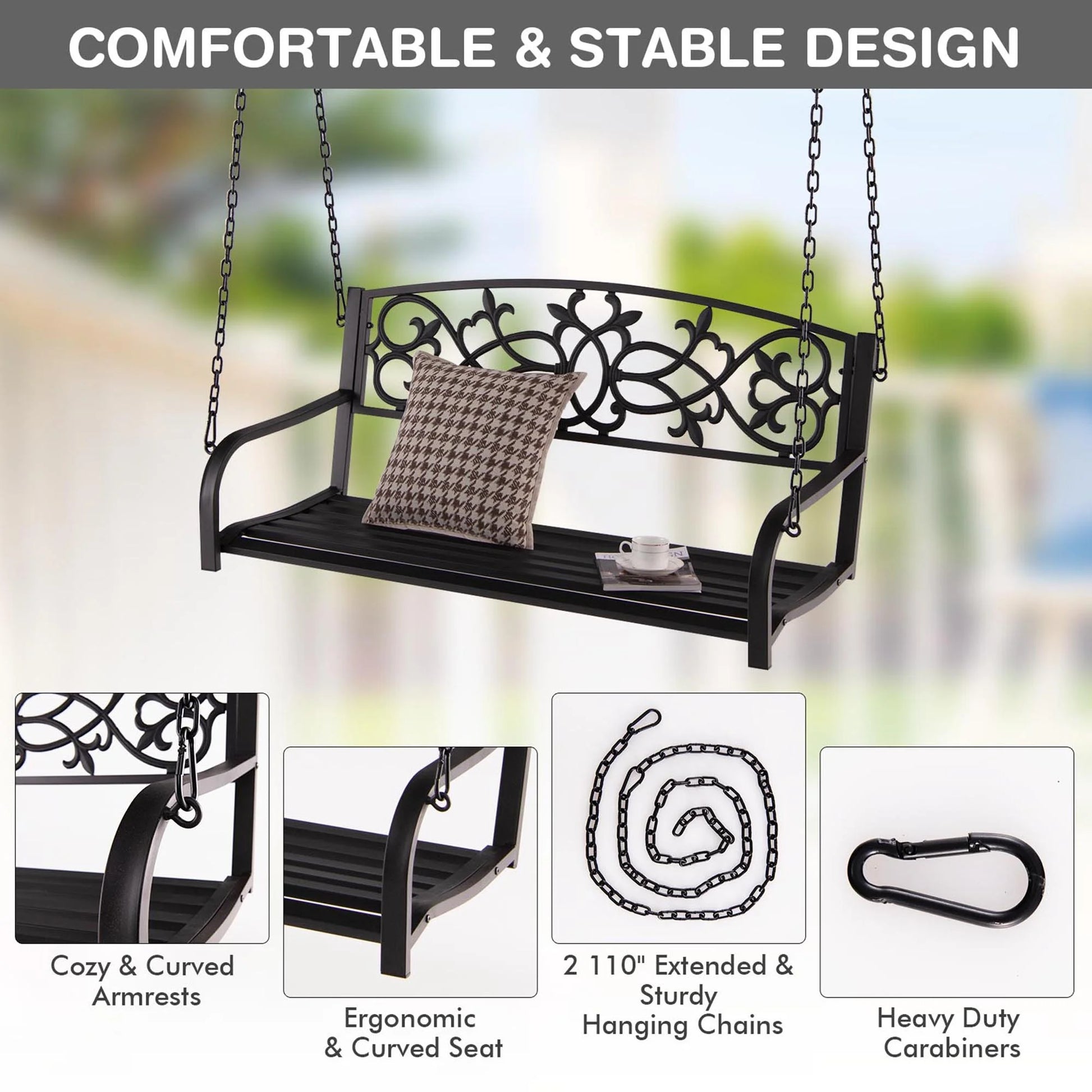 Gymax Patio Hanging Porch Swing 2-Person Outdoor Metal Swing Bench Chair w/Chains Brown