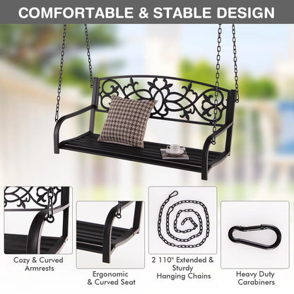 Gymax Patio Hanging Porch Swing 2-Person Outdoor Metal Swing Bench Chair w/Chains Brown