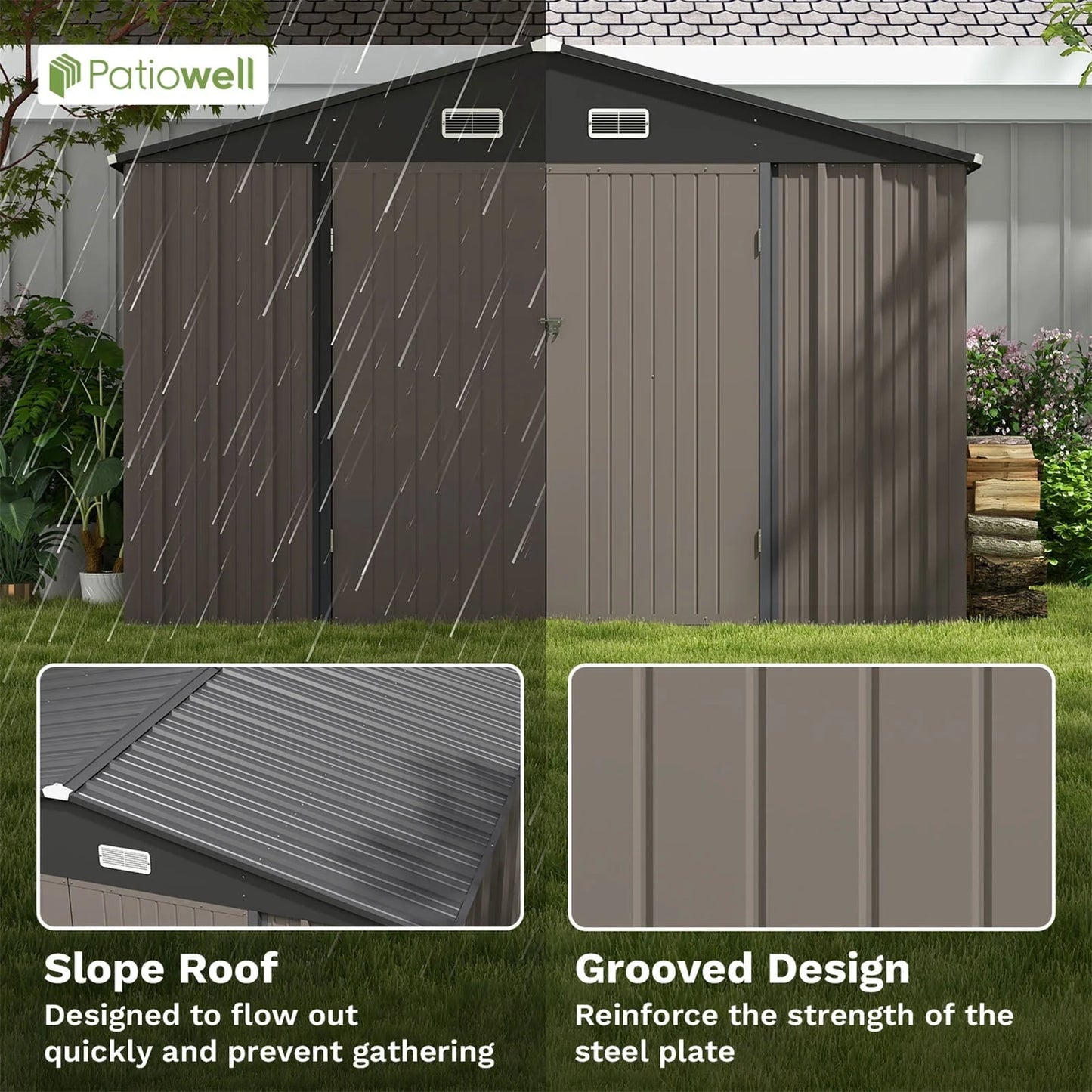 Patiowell Size Upgrade 10 x 10 ft Outdoor Storage Metal Shed with Sloping Roof and Double Lockable Door, Brown