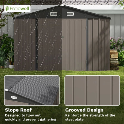 Patiowell Size Upgrade 10 x 10 ft Outdoor Storage Metal Shed with Sloping Roof and Double Lockable Door, Brown