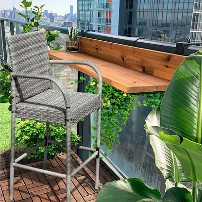 Lacoo Outdoor Wicker Bar Stool with Footrest Patio Rattan and Steel Frame Barstools Set of 2, Brown