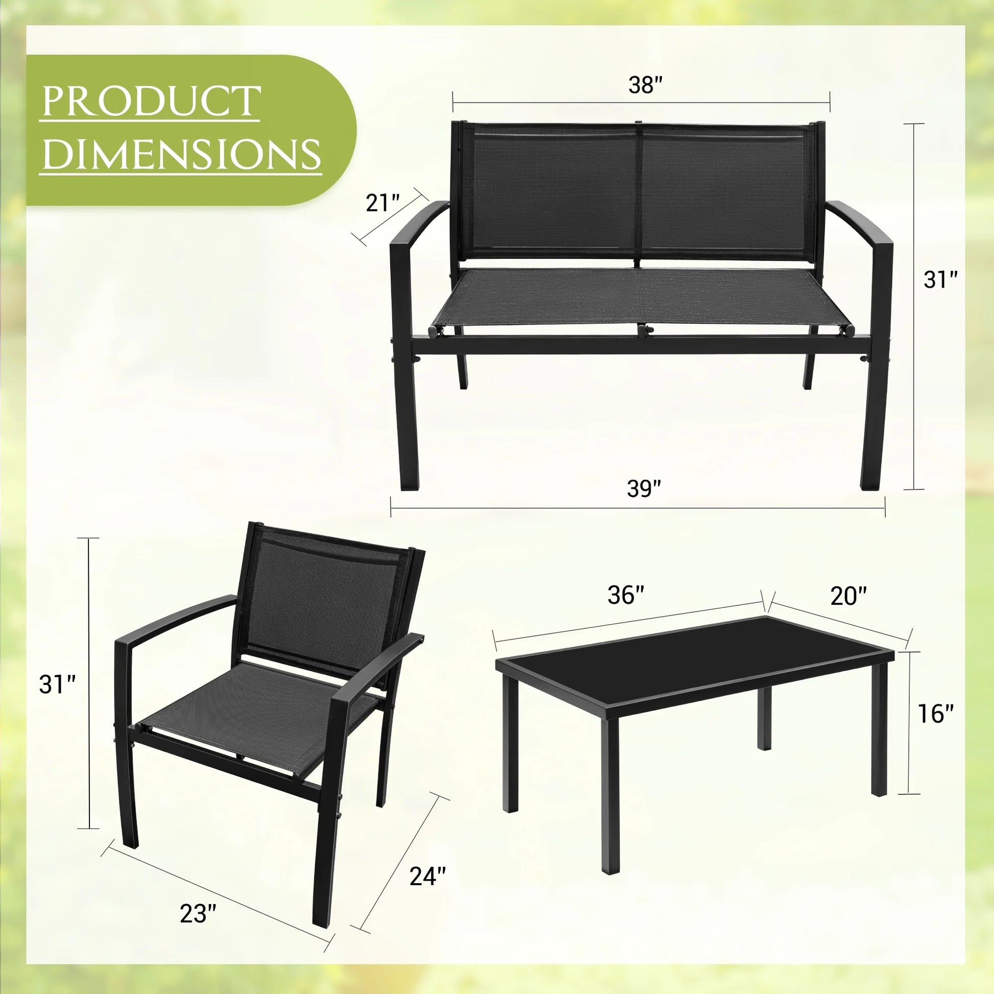 LACOO 4 Pieces Outdoor Furniture Set Patio Textilene Steel Conversation Set with Loveseat Tea Table for Lawn and Balcony, Black