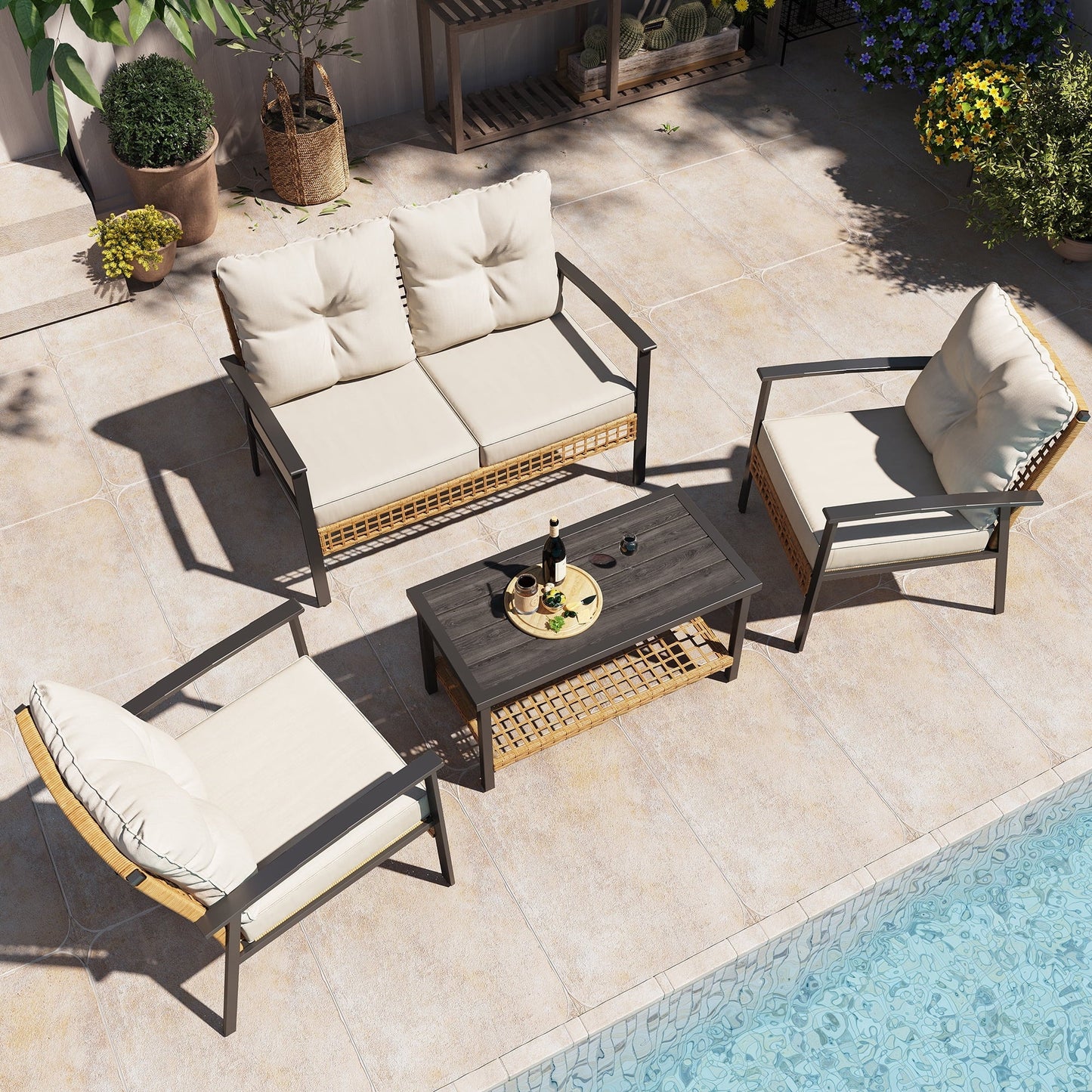 LAUSAINT HOME 4 Pieces Outdoor Patio Conversation Set with Cushions and 2-Tiers Storage Metal Coffee Table