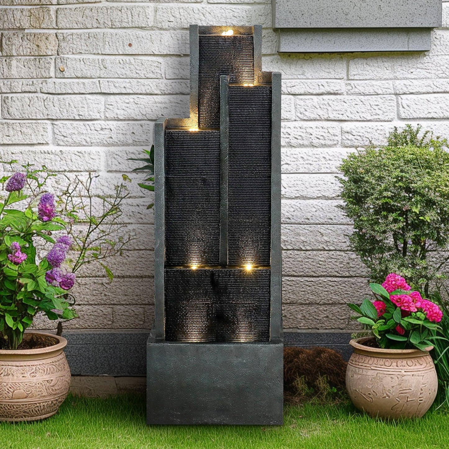 4-Tier Water Fountain with LED Lights - 50.7" H Waterfall Fountain Indoor Outdoor Water Feature for Home, Patio, Garden