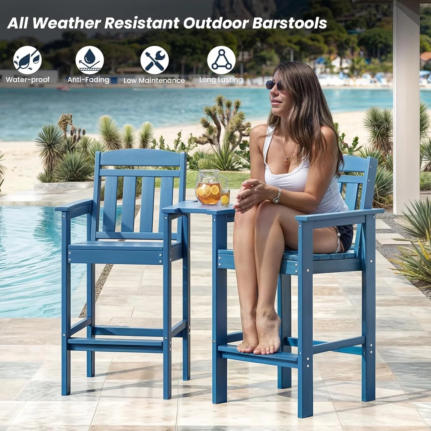 STARY Tall Adirondack Chairs Set of 2, HDPE Adirondack Bar Stools with Connecting Tray, Bar Height Adirondack Chair Patio Barstool, Ideal All Weather Tall Patio Chair for Balcony, Poolside, Backyard