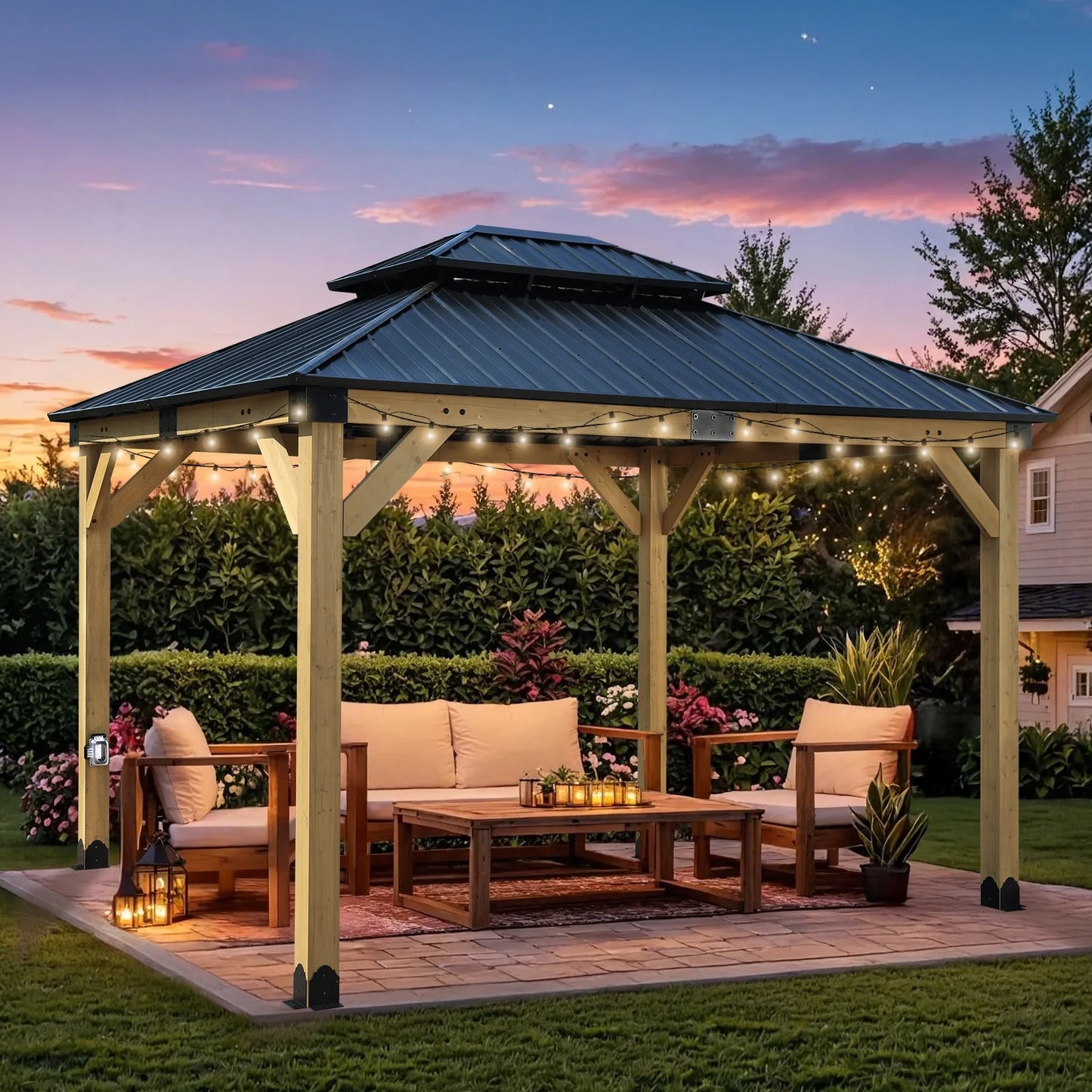 Aoodor 10 x 12 ft Wooden Frame Gazebo with 2-Tier Galvanized Metal Hardtop Roof, Outdoor Patio Gazebo with Charging Socket for Patio, Backyard, Deck, and Lawn