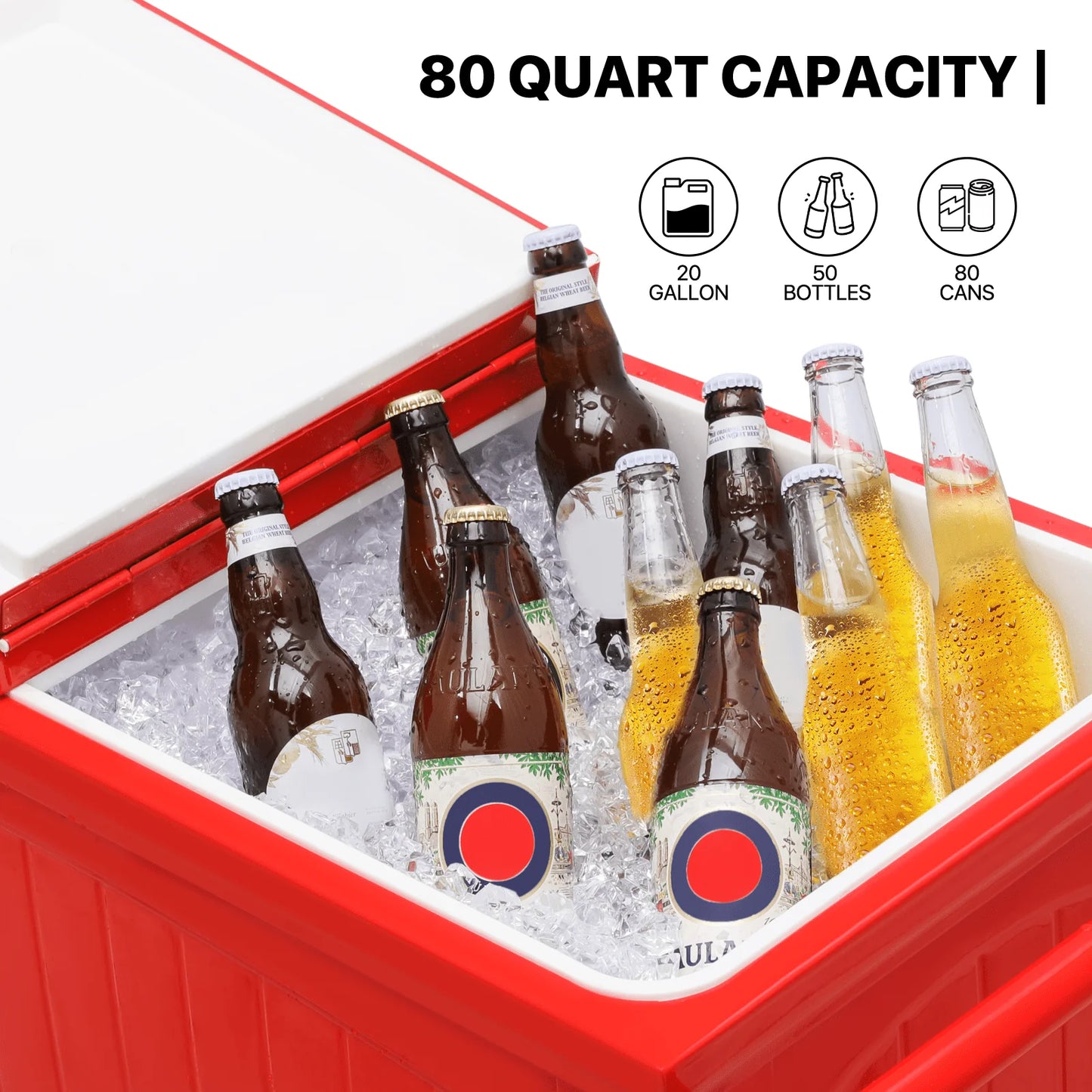 MADOG Portable Rolling Patio Cooler Ice Chest with Wheels Outdoor Cold Drink Beverage Bar Cart with Ice Scoop, Storage Shelf & Bottle Opener Deck Backyard Party Tub Trolley Cart, Red