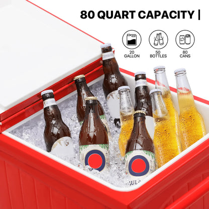 MADOG Portable Rolling Patio Cooler Ice Chest with Wheels Outdoor Cold Drink Beverage Bar Cart with Ice Scoop, Storage Shelf & Bottle Opener Deck Backyard Party Tub Trolley Cart, Red
