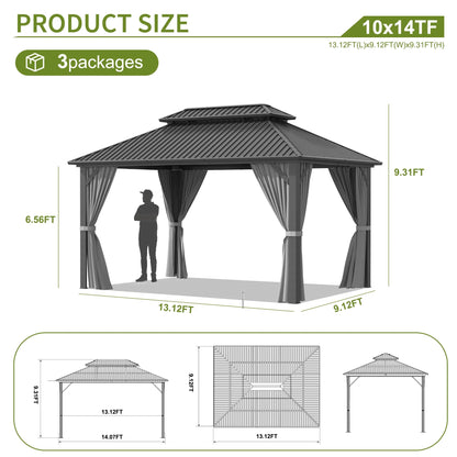MUCHANT 10'x12' Hardtop Gazebo with Aluminum Frame, Permanent Outdoor Pavilion Metal Gazebo with Galvanized Steel Double Roof & Mosquito Netting and Curtains for Patios, Gardens, Lawns, Gray