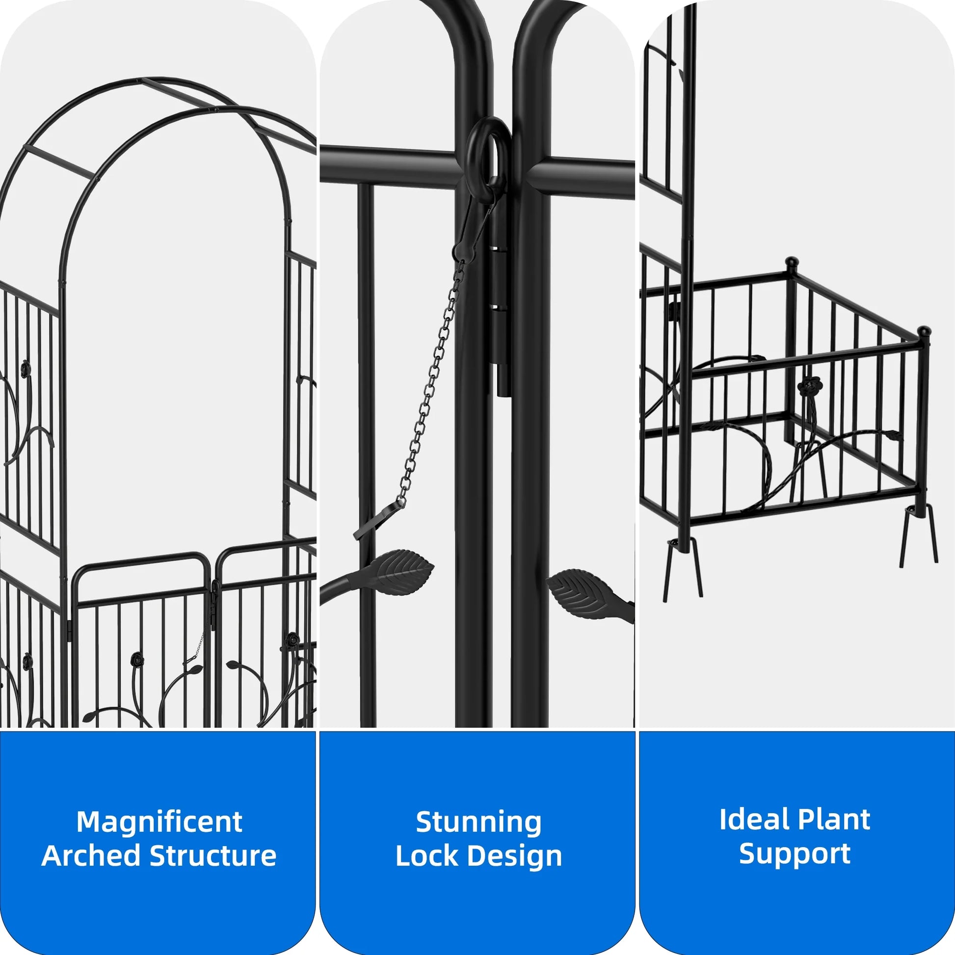 Uforic 87" Metal Garden Arbor Arch with Gate & Planter Boxes, Patio Wedding Party Lawn Arches Decoration, Black