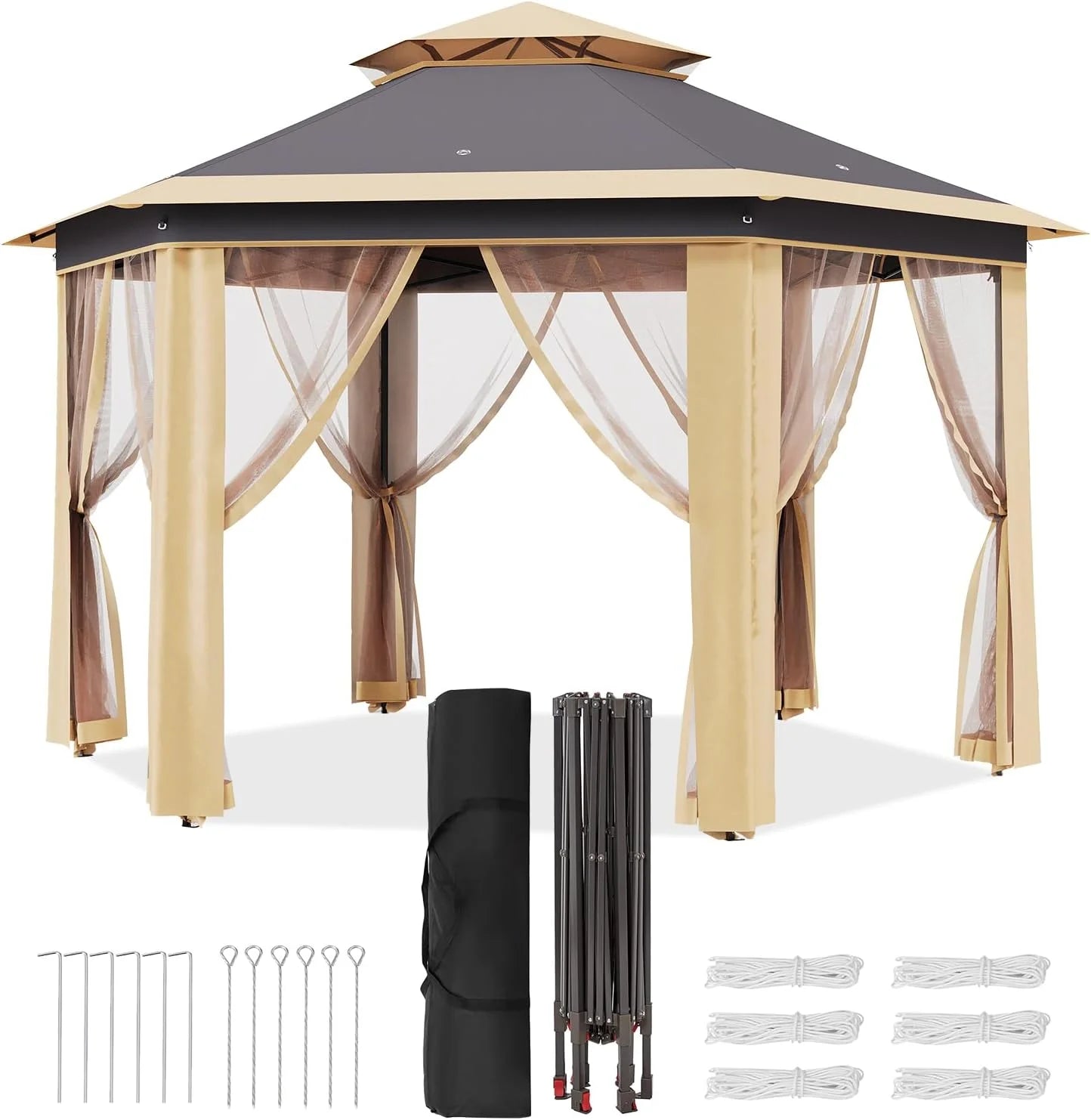 Pop Up Gazebo 13x13ft, Hexagonal Outdoor Canopy Shelter, Instant Patio Gazebo Tent with Mesh Netting and Strong Steel Frame for Patio Backyard Garden Wedding Party