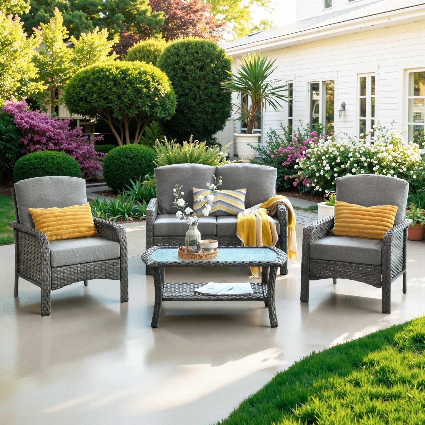 Ovios 4 Pieces Wicker Outdoor Patio Furniture with Coffee Table High Back All Weather Rattan Outdoor Sectional Conversation Set for Backyard Porch Garden, Denim Blue