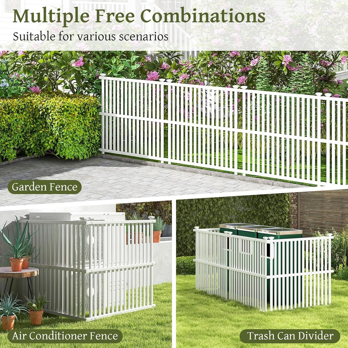 SAZYY 2 Panels Air Conditioner Fence, 45 in. W x 45 in. H Garden Fence, Vinyl Trash Can Pool Equipment Enclosure w/Metal Ground Stakes, Outdoor Privacy Fence Screen for Garden Patio Lawn AC Unit, White
