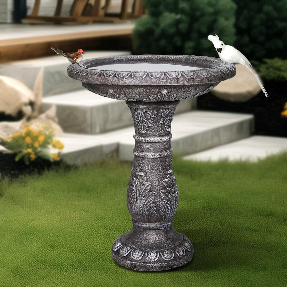 24.4" H Cement Bird Bath for Garden- Fibre Reinforced Concrete Bird Baths for Outdoors, Large Size Vintage Carved Pedestal Birdbath for Patio, Yard, Lawn -20 in. Dia. X 24.4 in. H Bird Fountain