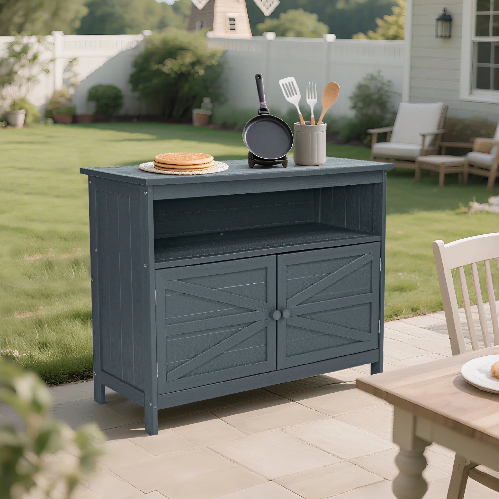 Bstjewey Outdoor Storage Cabinet HIPS Patio Sideboard with 3 Shelves & Doors