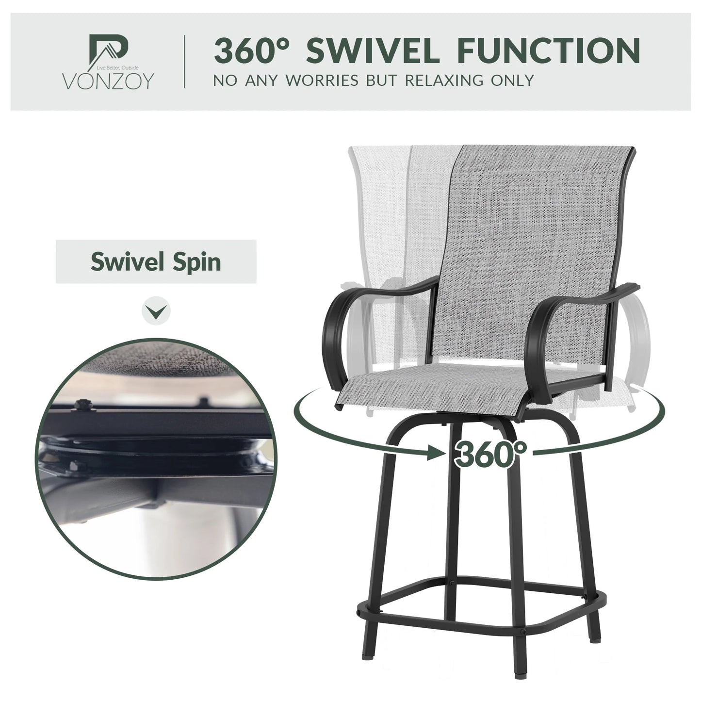 ELPOSUN Patio Swivel Bar Stools Chair of 2, Outdoor Bar Height Set, All Weather High Back and Armrest Rocking Stools & Bar Chairs for Backyard, Lawn Garden, Balcony and Pool, Grey White