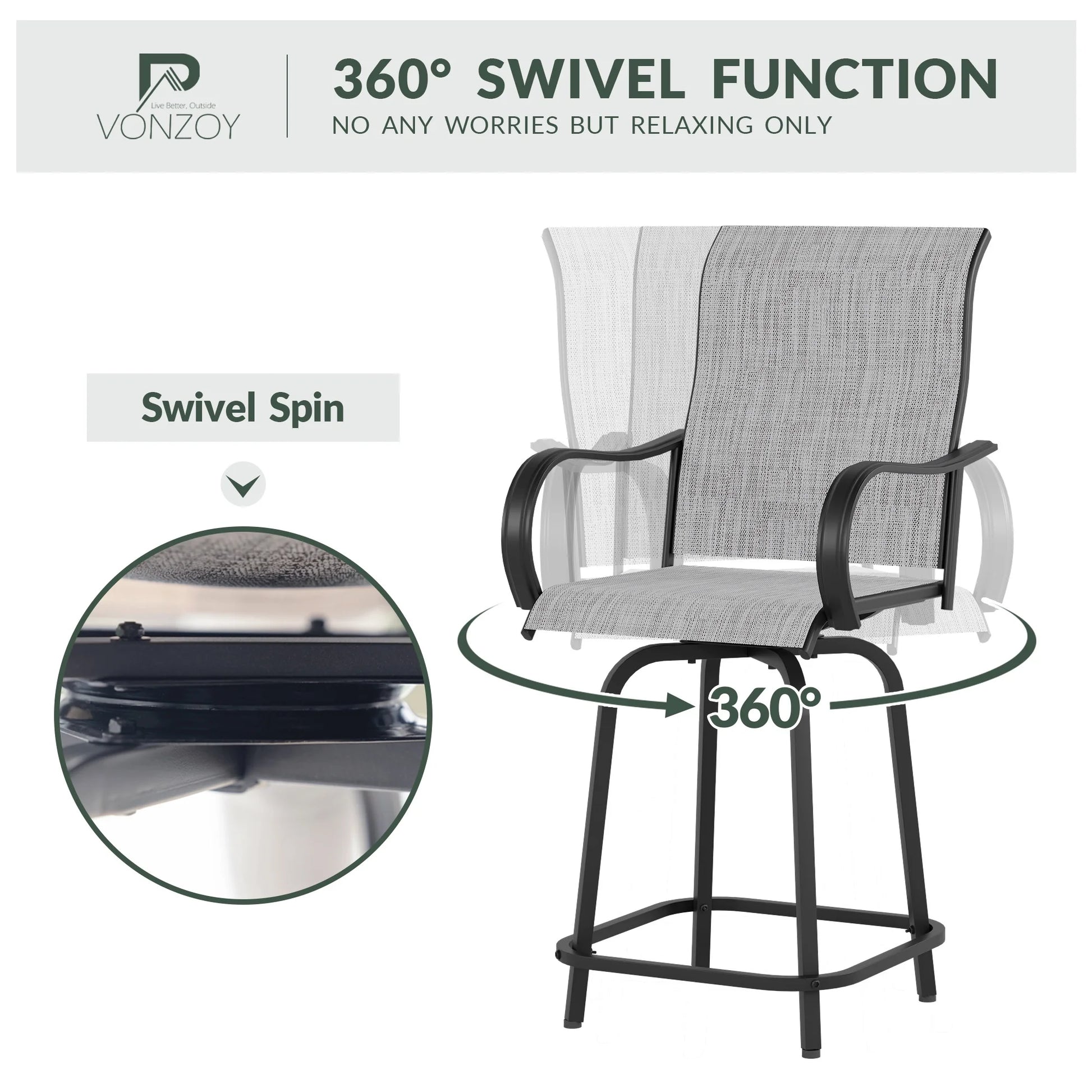 ELPOSUN Patio Swivel Bar Stools Chair of 2, Outdoor Bar Height Set, All Weather High Back and Armrest Rocking Stools & Bar Chairs for Backyard, Lawn Garden, Balcony and Pool, Grey White