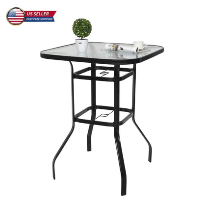 IVV Outdoor Patio Bar Height Bistro Table w/Tempered Glass Top & 1.8" Umbrella Hole & Metal Frame, 31.5"L x 31.5"W x 39.8"H, Black & Clear