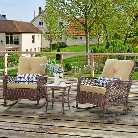 Techmilly 3-Piece Outdoor Rocking Chairs, Wicker Patio Furniture with Thickened Cushions and Table for Porch (Khaki)