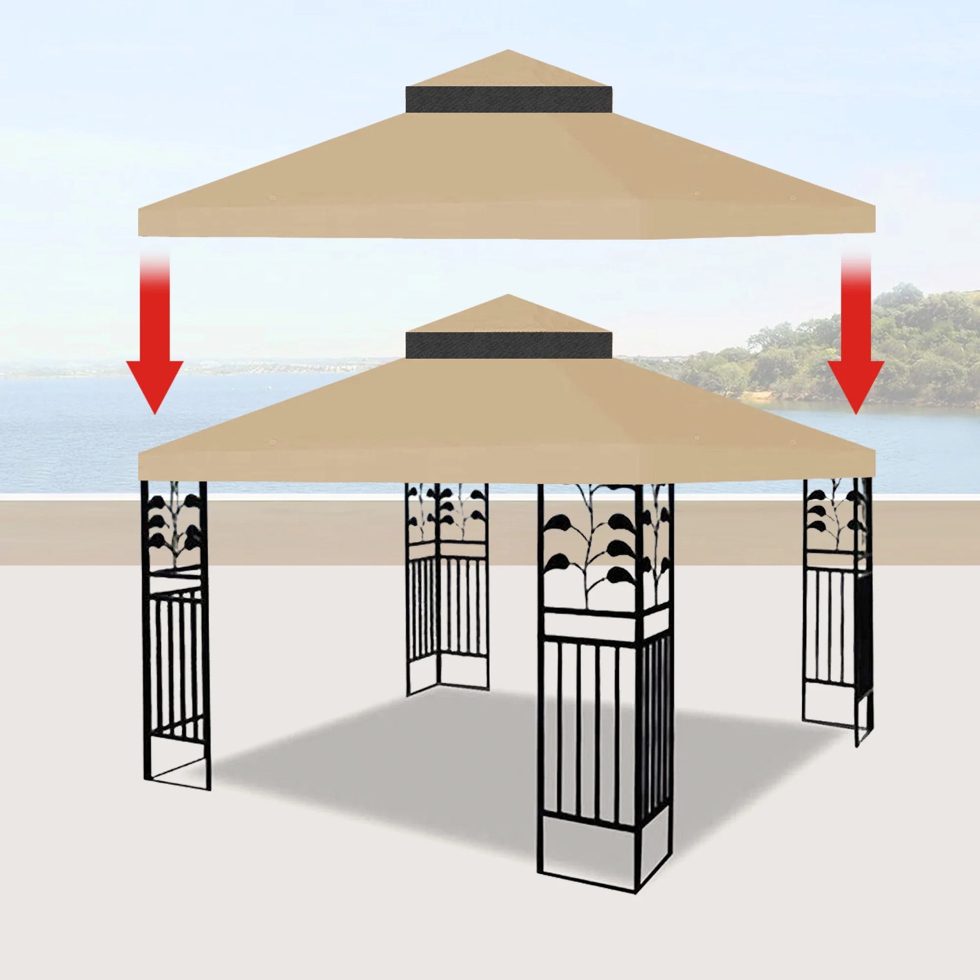 Ataucjin Outdoor Patio Gazebo Replacement Canopy With Air Vent For 2 Tier Outdoor Patio Garden Tent Frames 10x10 Ft (Frame Not Include)