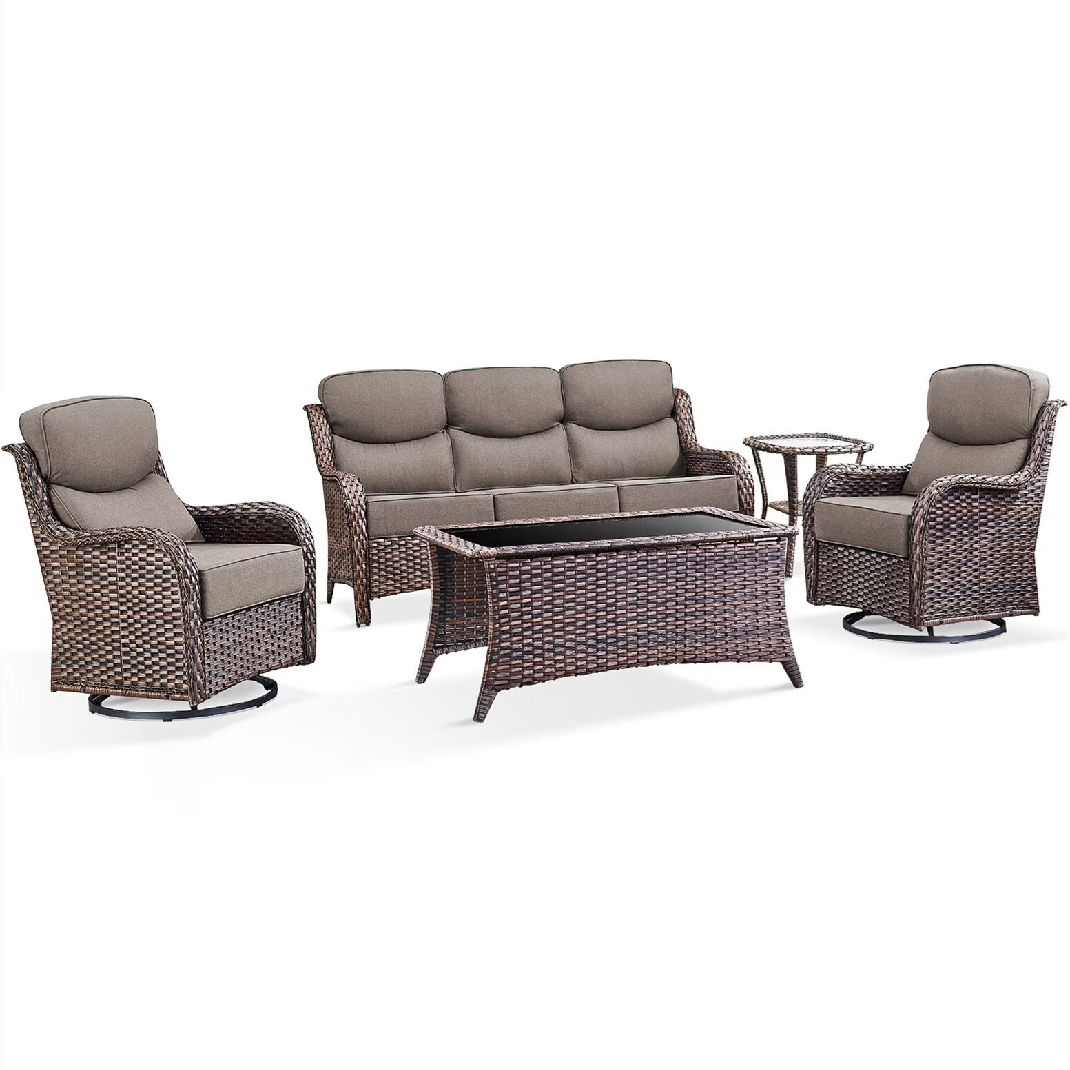 Bellefurn Luxury Outdoor Patio Furniture Set,Swivel Rocker Patio Chairs with 6-inch Thick Cushion,Patio Sofa and Glass Coffee Table,Outdoor Conversation Set for Porch, Deck, Yard