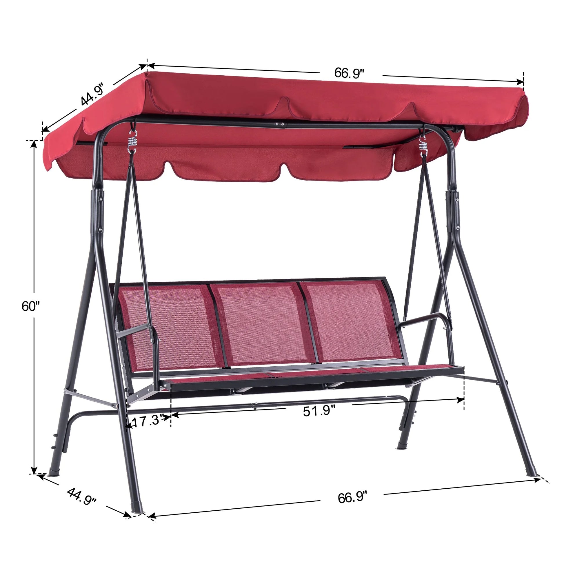Mcombo Outdoor 3 Person Patio Canopy Swing Chair, Porch Swing, Burgundy