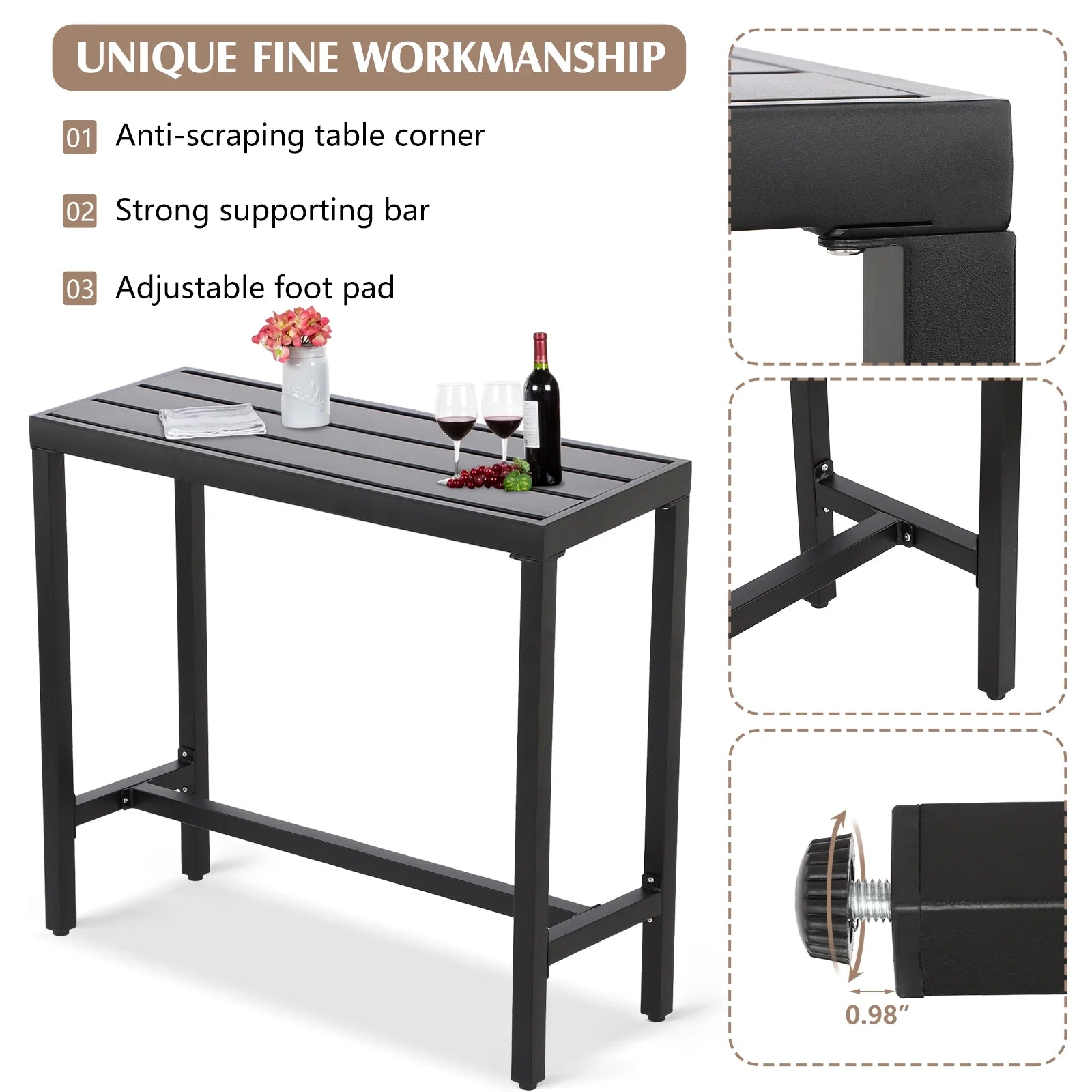 Outdoor Bar Table, 63 Patio Console Pub Height Table with Powder Coated Steel Frame and Weather Resistant Waterproof Top for Hot Tub, Balcony, Garden, Yard, Poolside, Indoor Outdoor