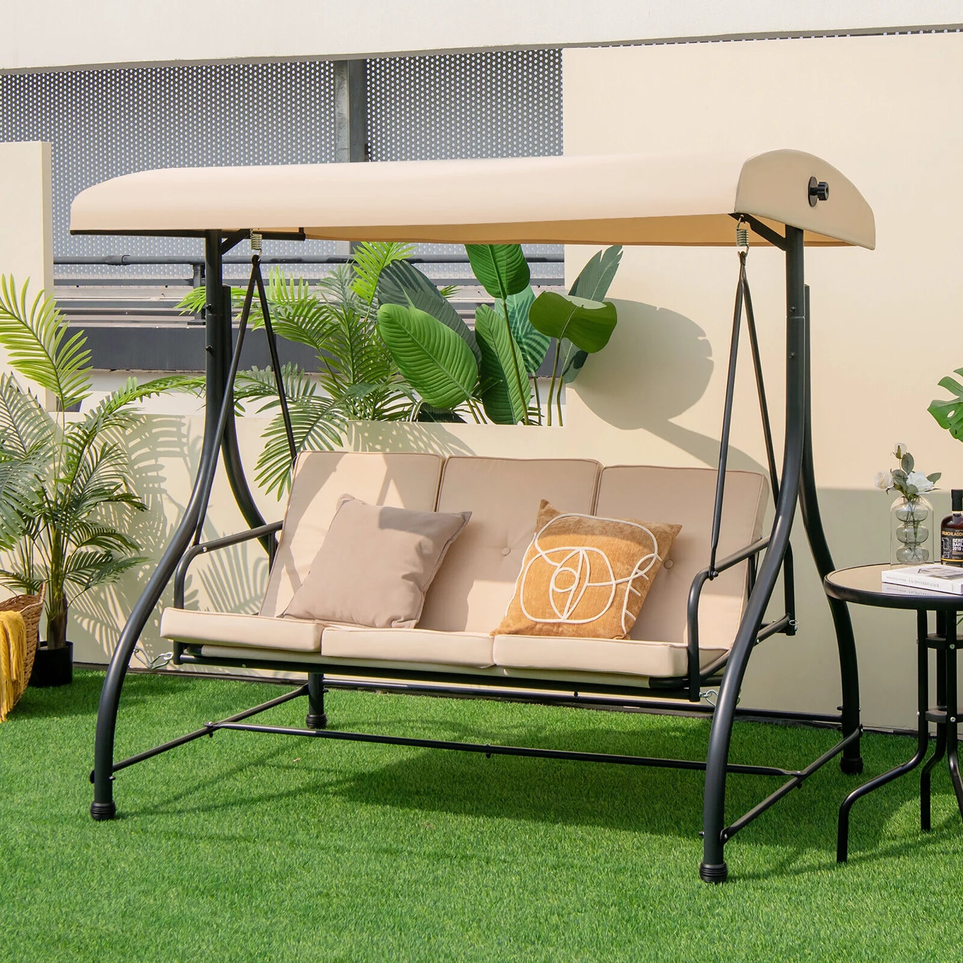 Gymax 3-Seat Outdoor Converting Patio Swing Glider Adjustable Canopy Porch Swing Beige