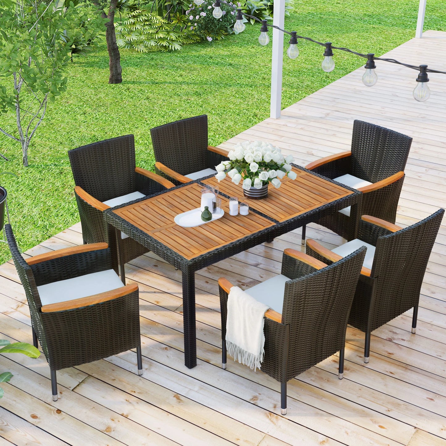 Patio Dining Set, 7PCS Outdoor Plastic-Wood Table & Textilene Chairs Set, Outdoor Furniture Dining Table Set, Garden Porch Backyard Poolside Sectional Conversation Set