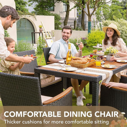 7 Pieces Outdoor Patio Dining Set, Patio Wicker Furniture Dining Set with 6 Chairs and Acacia Wood Top for Yard, Garden, Porch and Poolside, Black