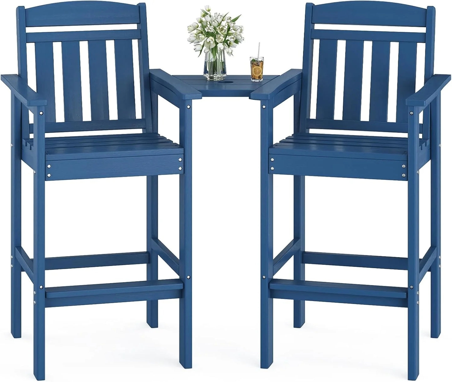 STARY Tall Adirondack Chairs Set of 2, HDPE Adirondack Bar Stools with Connecting Tray, Bar Height Adirondack Chair Patio Barstool, Ideal All Weather Tall Patio Chair for Balcony, Poolside, Backyard