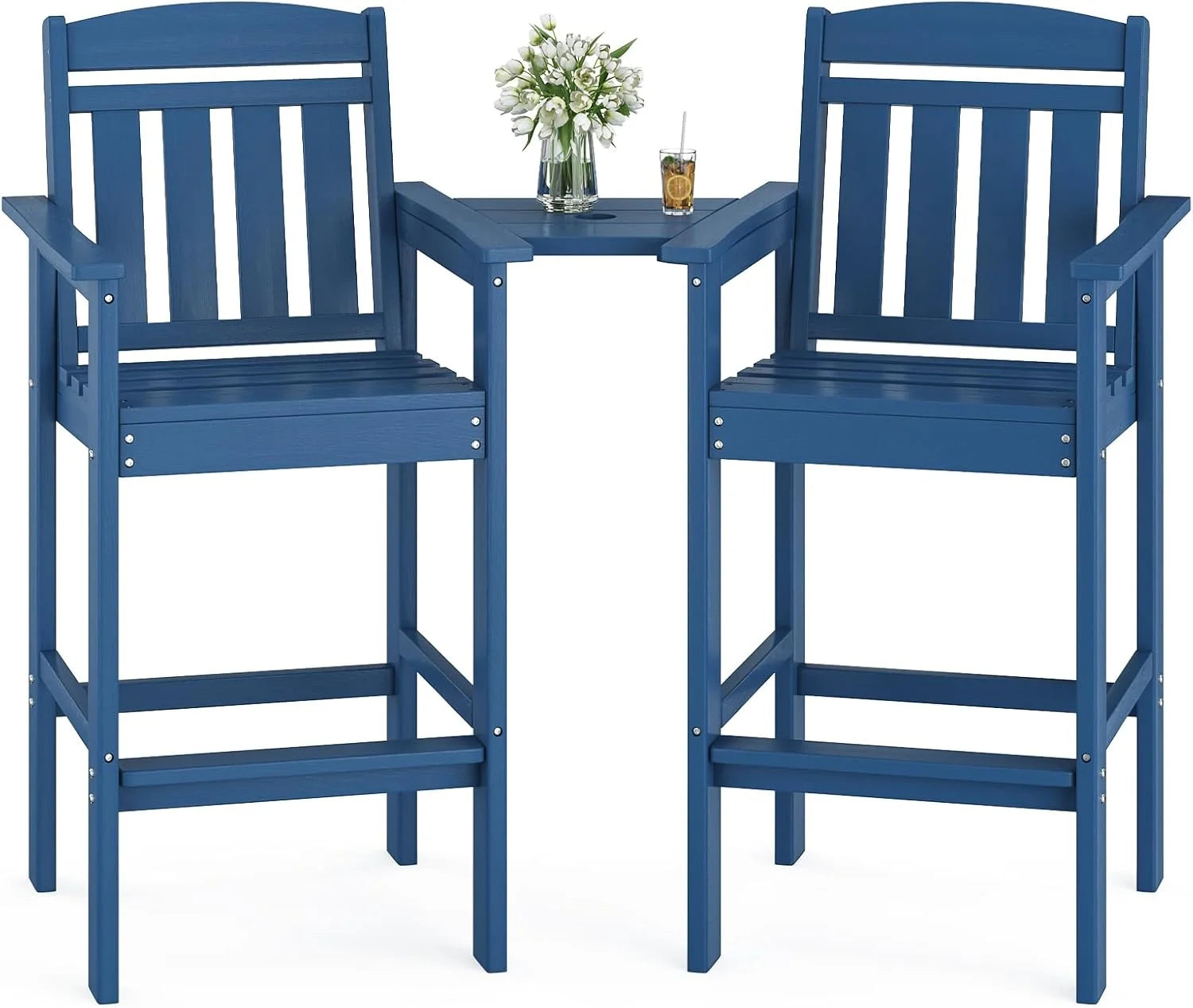 STARY Tall Adirondack Chairs Set of 2, HDPE Adirondack Bar Stools with Connecting Tray, Bar Height Adirondack Chair Patio Barstool, Ideal All Weather Tall Patio Chair for Balcony, Poolside, Backyard