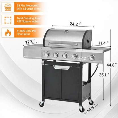 4-Burner Gas Grill with Side Burner, 51,000 BTU Propane BBQ Grill with Porcelain-Enameled Cast Iron Grates, Built-in Thermometer, Ideal for Patio Camping Outdoor Cooking