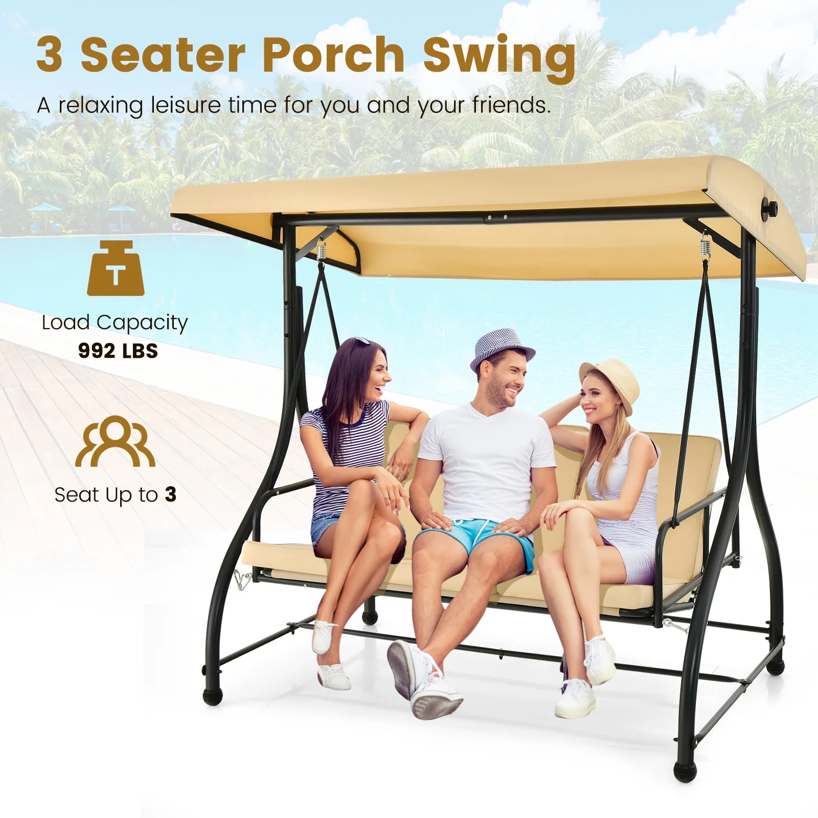 Costway Converting Outdoor Swing Canopy Hammock 3 Seats Patio Deck Furniture beige