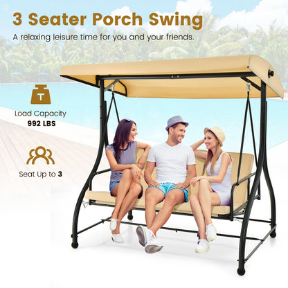 Costway Converting Outdoor Swing Canopy Hammock 3 Seats Patio Deck Furniture beige