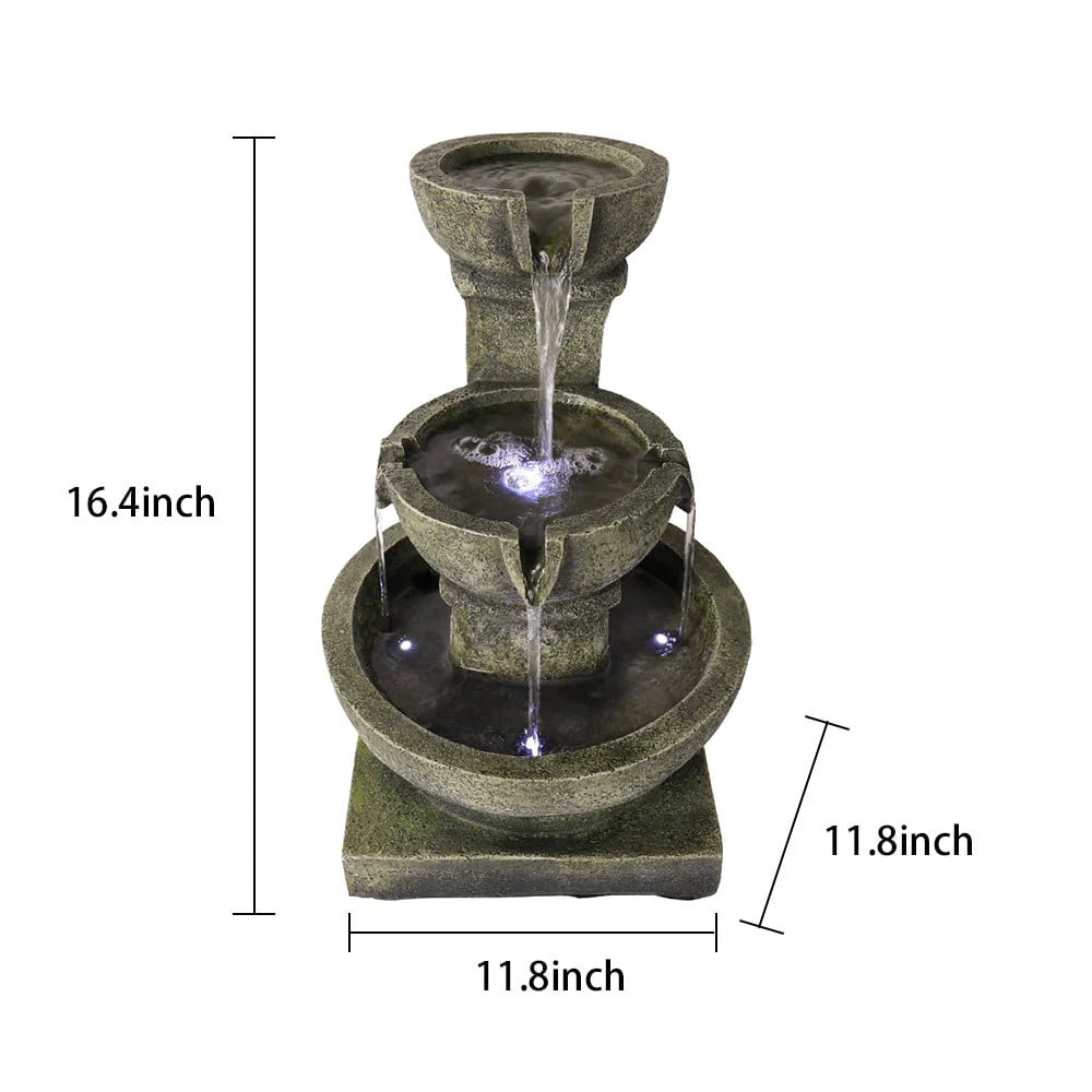 Willwolf 3-Tiered Water Fountain with Flat Bottom,Outdoor Fountain with LED Lights,Modern Fountain for Garden Porch and Patio,Resin Waterfall Fountain