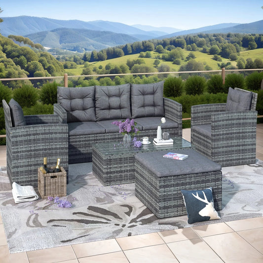 5 Piece Patio Furniture Sets, Outdoor Conversation Sets with Glass Coffee Table, Wicker Rattan Sectional Sofa Couch with Storage Bench, Ottomans & Cushions for Garden, Pool, Backyard, Gray