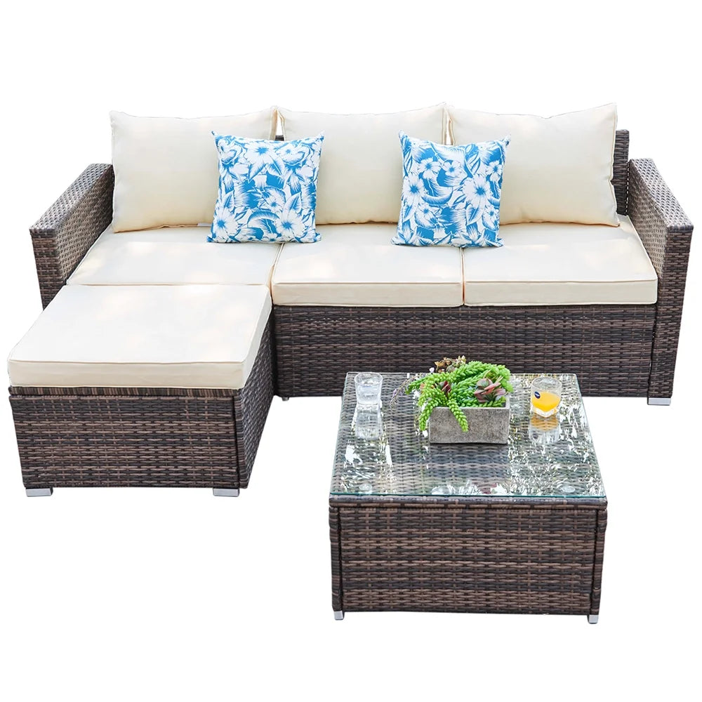 SUNTONE Patio Sectional Set - 3 Pieces Outdoor Conversation Set Wicker Rattan Outdoor Furniture Sofa with Table, Beige