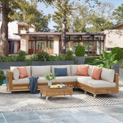 7 Pieces Patio Furniture Set, Wicker Sectional Table and Chairs Sets, Patio Conversation Set with Sectional Chaise Longue, Coffee Table, Suitable for Porch Backyard Garden, Beige