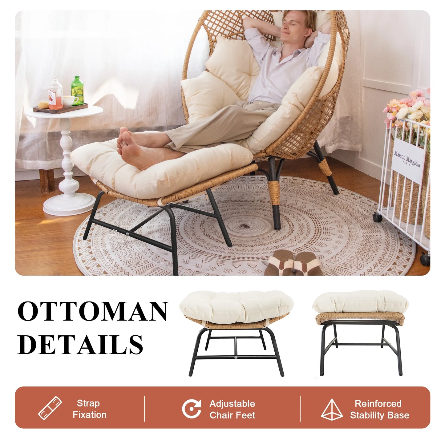 RADIATA 440 lbs Outdoor Egg Chair with Foot Rest & Ottoman, Wicker Patio Egg Chair for Indoor or Garden,Beige