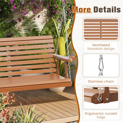 SUNCROWN Porch Swing 2-Seater, Wooden Outdoor Swing Bench with Cup Holder and Chains, 440 LBS Weight Capacity Outdoor Hanging Bench Swing for Patio & Garden (Brown)