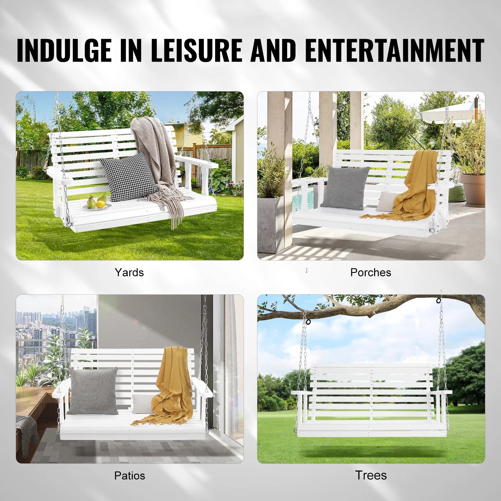 KFFKFF 48 Inch Wooden Bench Porch Swing Outdoor Garden Patio White