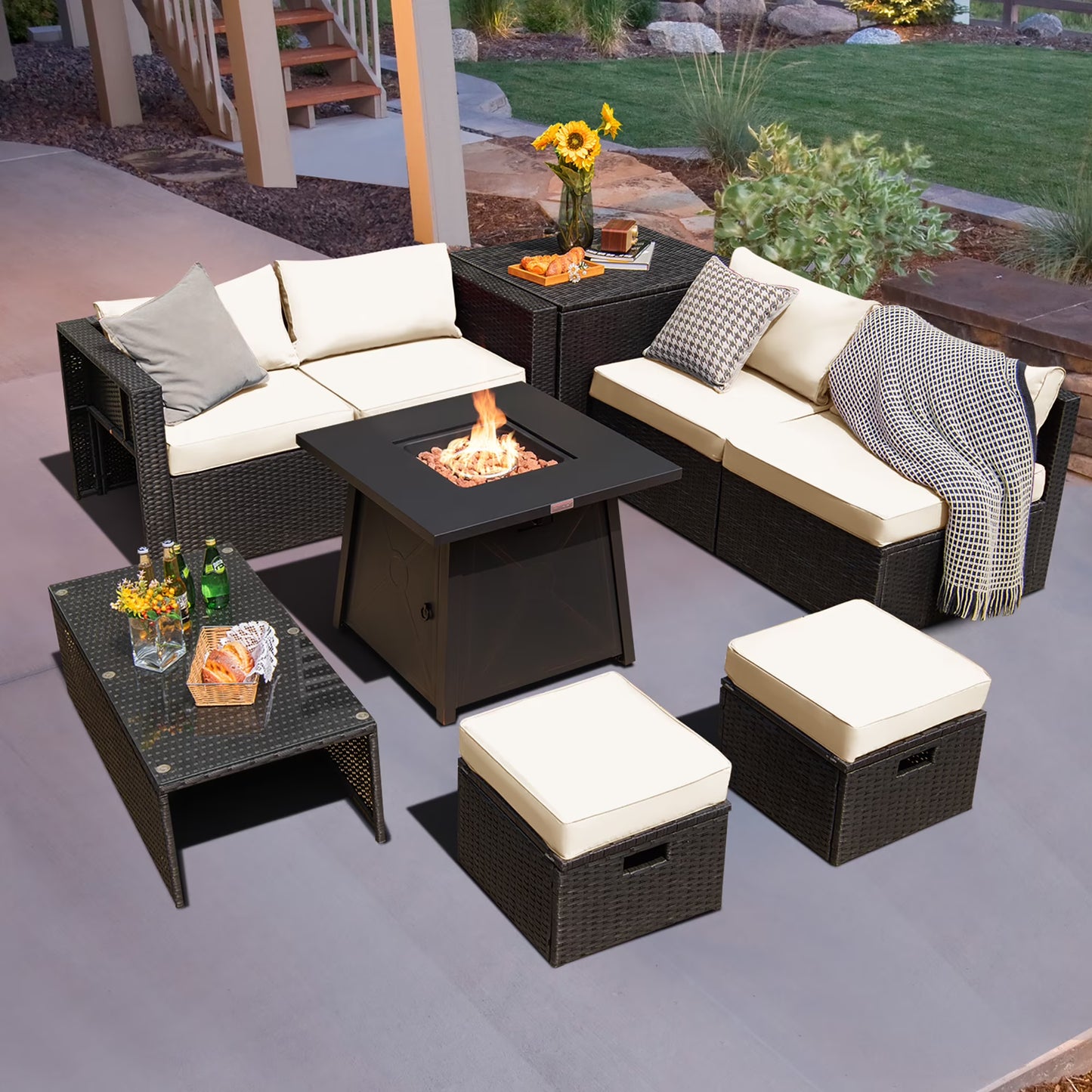 Costway 9PCS Patio Rattan Furniture Set Fire Pit Space-saving W/Cover Red Cushion cover